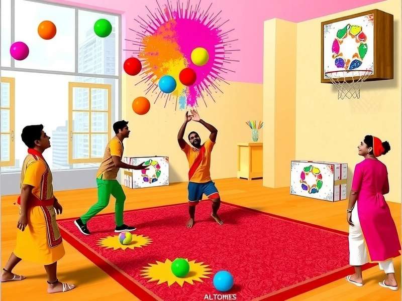 Holi Basket Hoopla Gameplay Screenshot Holi Basket Hoopla Gameplay - 3v3 match with players throwing gulal and scoring baskets