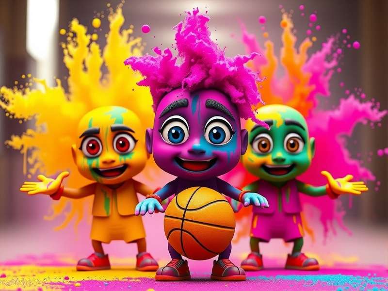 Holi Basket Hoopla Official Cover Art Holi Basket Hoopla Cover Image - Colorful basketball characters covered in gulal, with Holi festival background