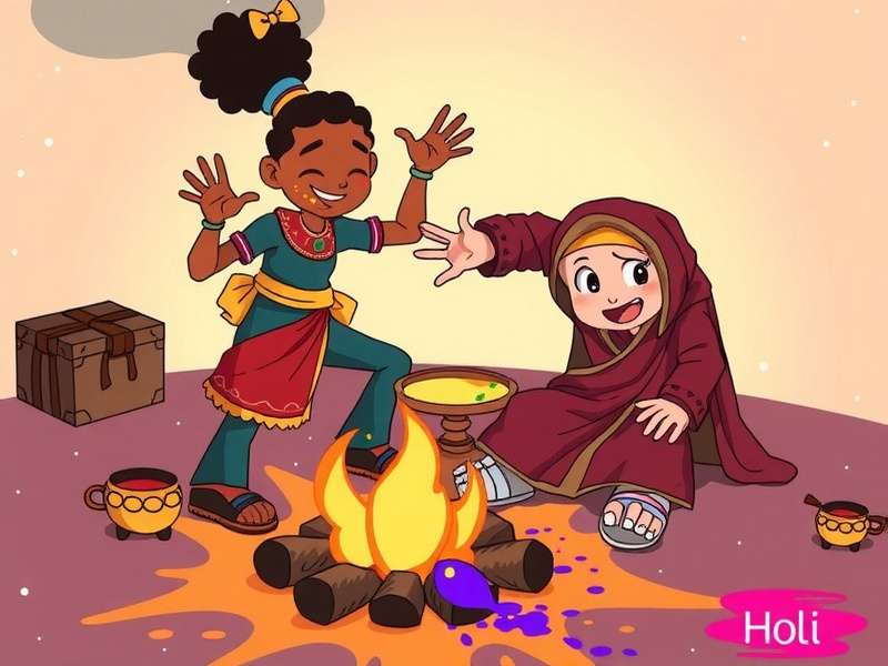 Holi Basket Hoopla Grand Holi Event Holi Basket Hoopla Holi Season Event - Characters celebrating with bonfire, gulal, and pichkaris